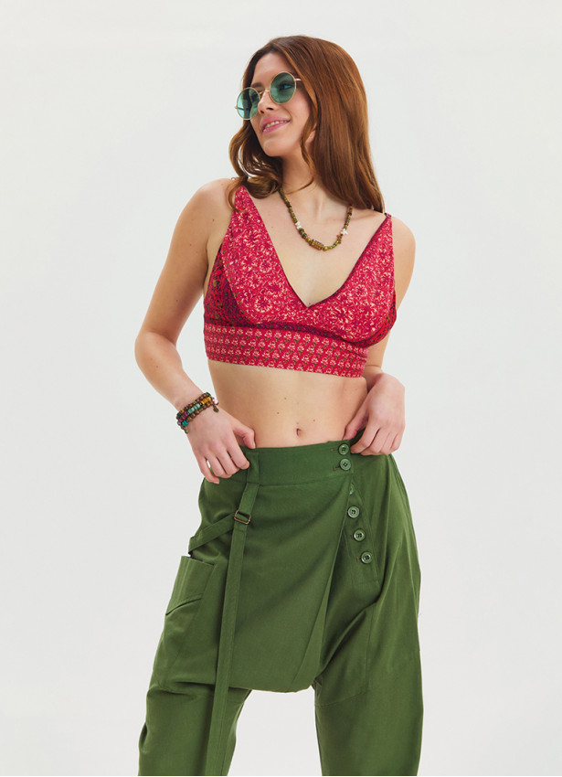 Lace Up Open Back Adjustable Red Crop Blouse 4647